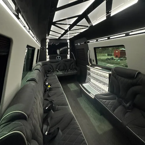 Mercedes Sprinter limo lounge interior in Houston