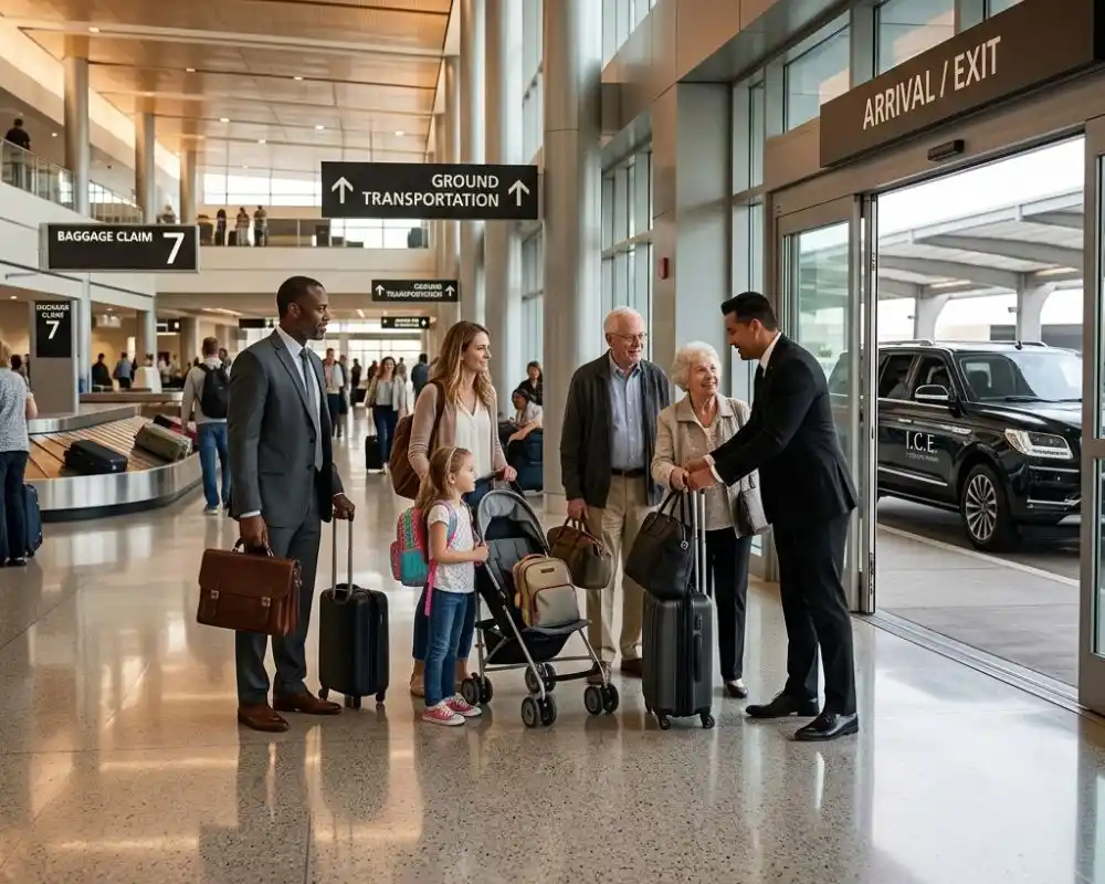 Chauffeur assisting family, businessman, and seniors at airport.