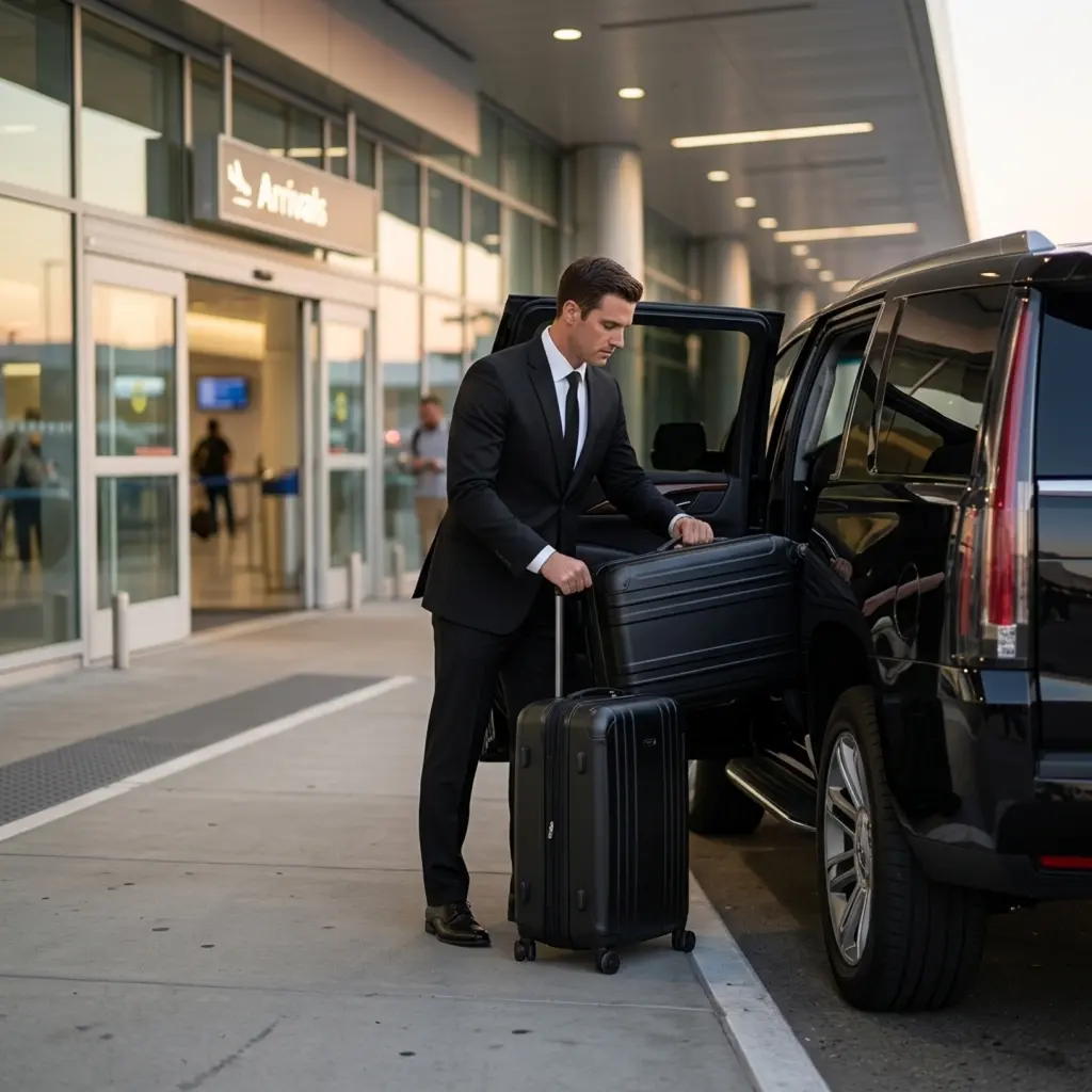 Chauffeur loading black luggage into a luxury SUV Chauffeur loading black luggage into a luxury SUV