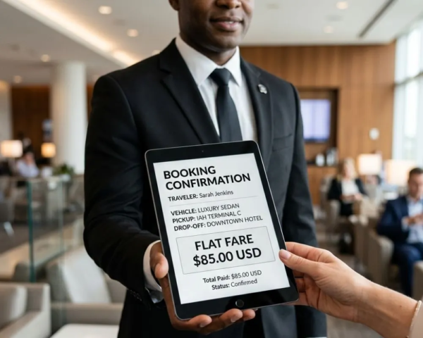 Chauffeur showing flat fare booking confirmation on tablet