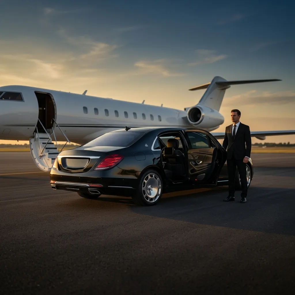 Chauffeur waiting by luxury car and private jet Chauffeur waiting by luxury car and private jet