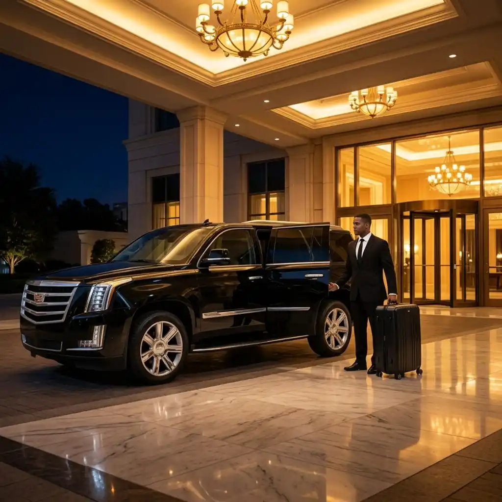 Chauffeur standing with a rolling suitcase beside a black SUV at a hotel entrance
