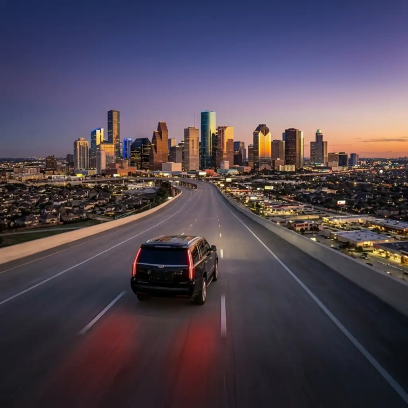 Luxury SUV driving toward the Houston city skyline Luxury SUV driving toward the Houston city skyline