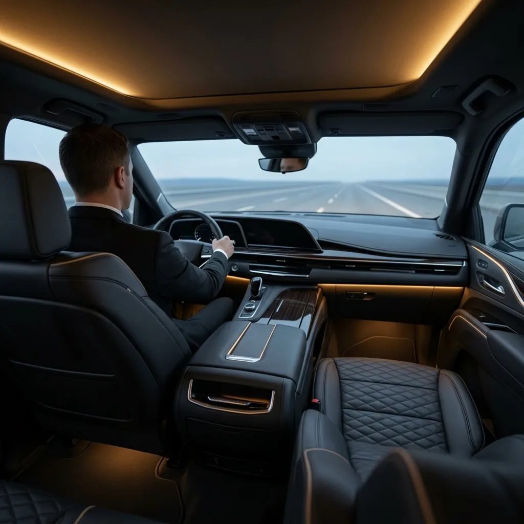 View from the back seat of an SUV as a chauffeur in a suit drives on an open highway