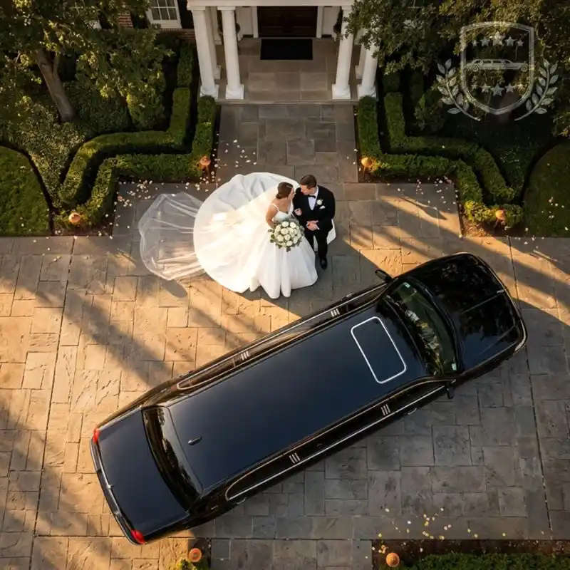 aerial top-down view of newlyweds beside a limousine