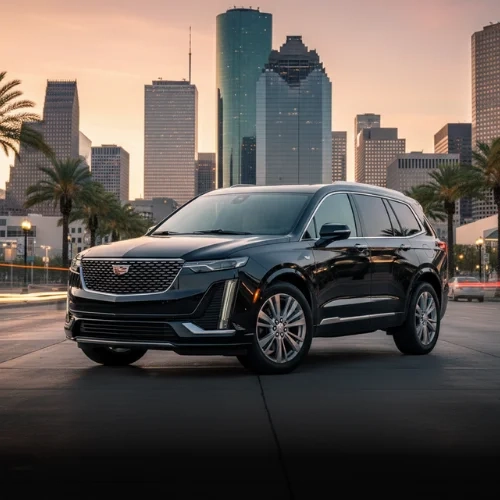 black cadillac suv parked in front of skyscrapers black cadillac suv parked in front of skyscrapers