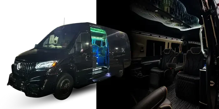 black mercedes jet sprinter exterior and luxury interior