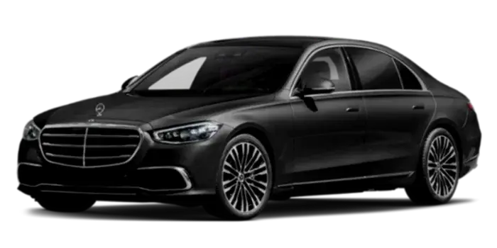 black mercedes s-class luxury sedan on white background