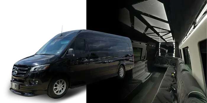 black mercedes sprinter limo exterior and spacious interior