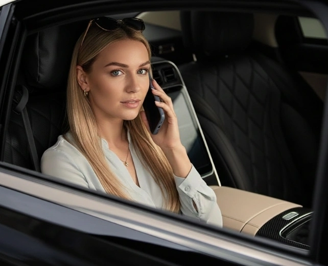 blonde woman on phone in luxury car interior