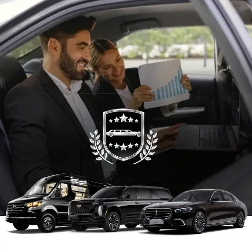 business professionals in luxury car with fleet lineup business professionals in luxury car with fleet lineup