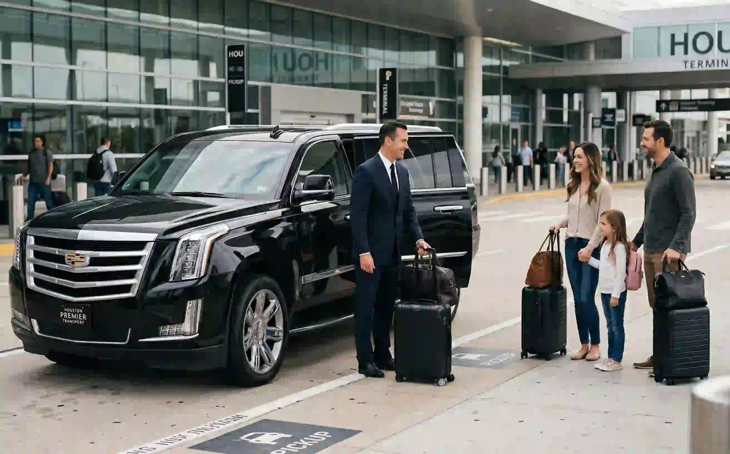 chauffeur helps family with luggage at houston airport