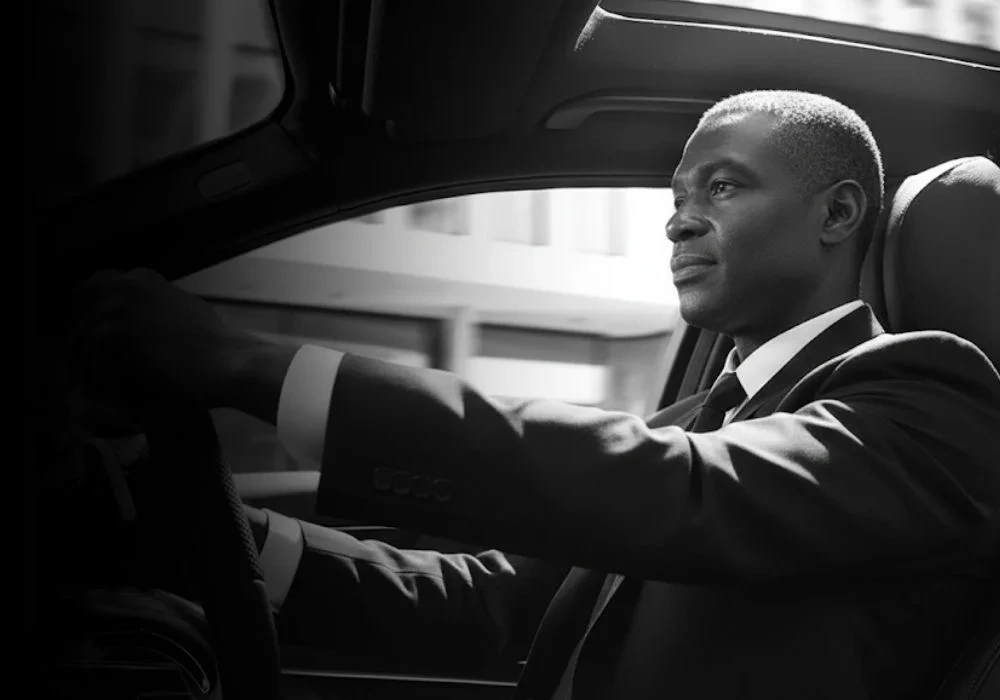 professional chauffeur in suit driving a luxury car