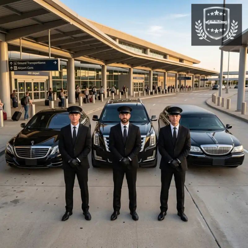 three chauffeurs standing before luxury vehicles at IAH