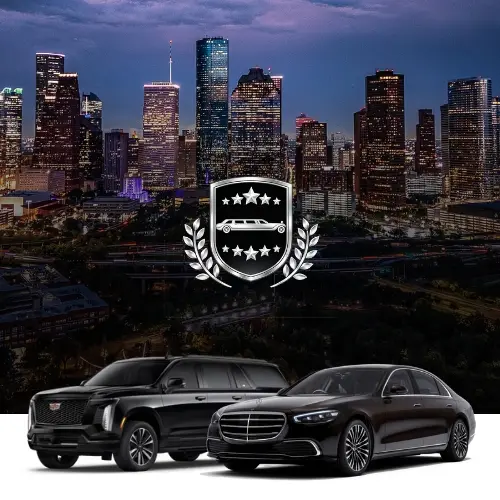 Luxury black SUV and sedan from Pro Ride Limo parked in front of Houston skyline at night for premium black car service.