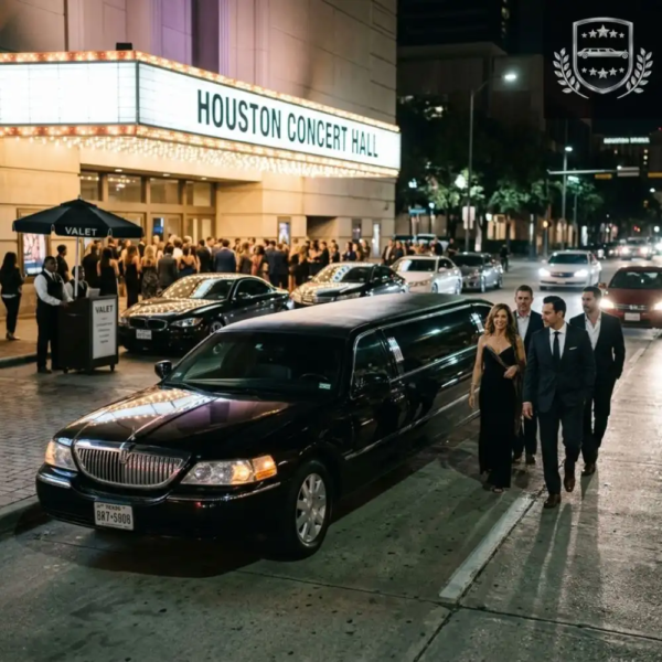 black limousine arriving at houston concert hall at night