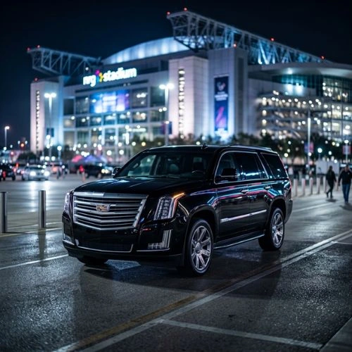 black luxury suv parked outside a lit stadium
