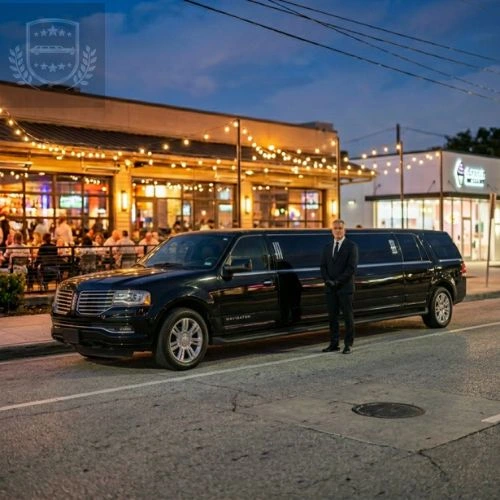 chauffeur standing by navigator limousine at night