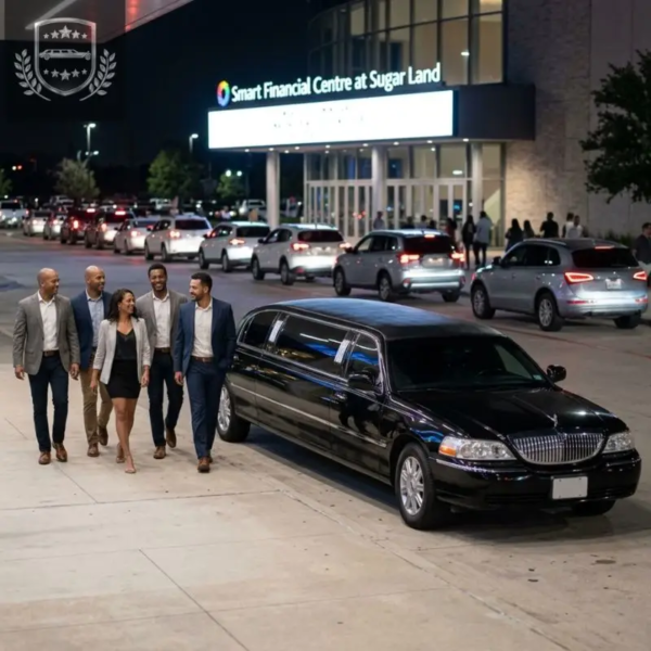 group arrives in black limo at sugar land center