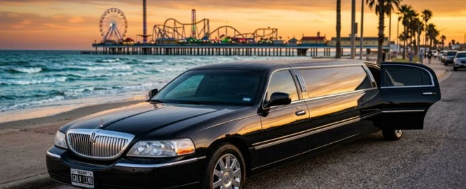 black luxury stretch limousine with open door at sunset