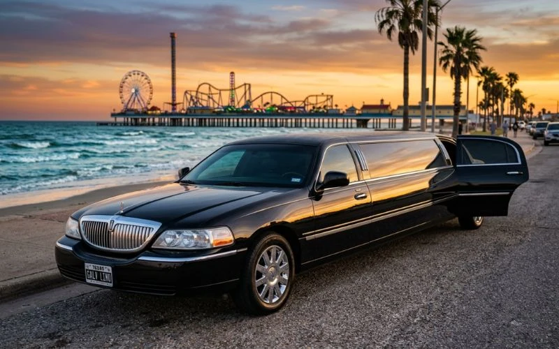 black luxury stretch limousine with open door at sunset