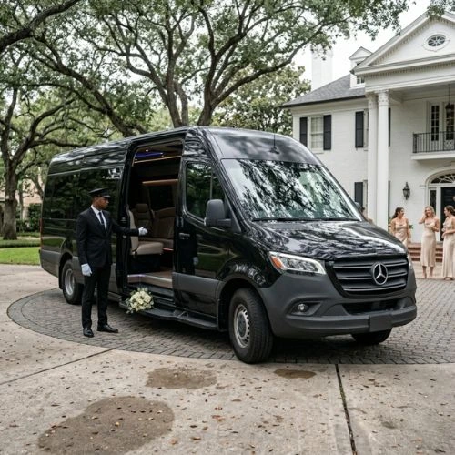 black mercedes sprinter limo at houston wedding venue black mercedes sprinter limo at houston wedding venue