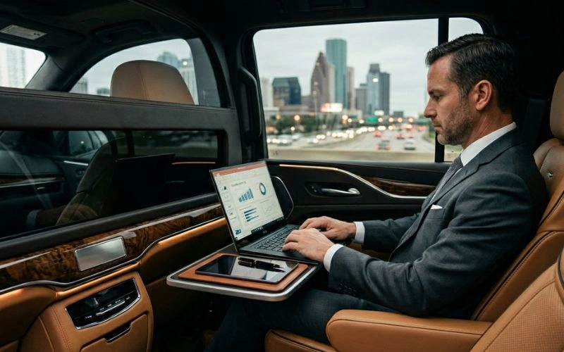 businessman working on laptop inside luxury vehicle interior