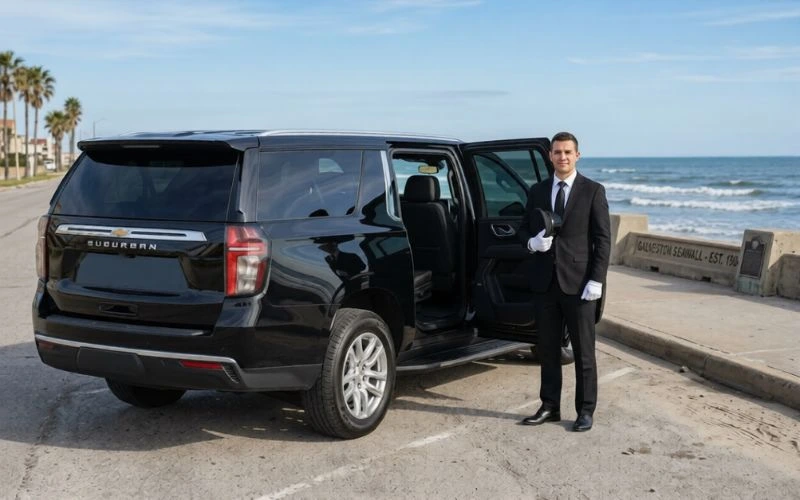 chaffeur with gloves stands by black suburban suv