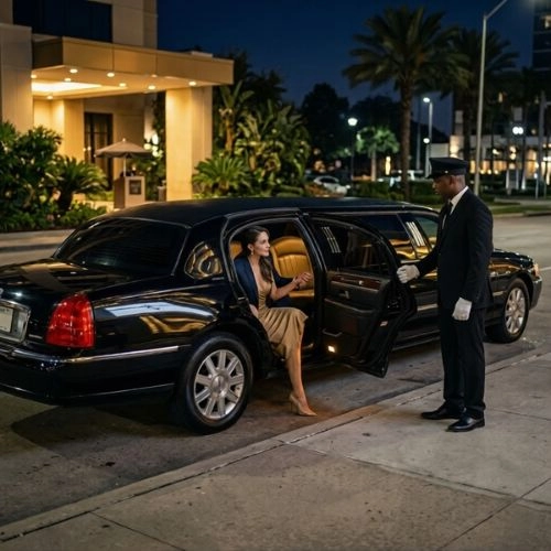 chauffeur opening black limousine door for elegant woman