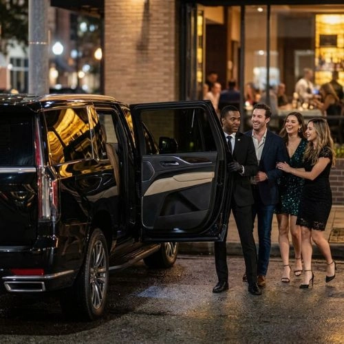 Chauffeur opening a black SUV door for three passengers