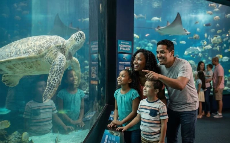 family smiling at sea turtle in aquarium tank