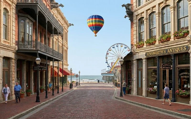 historic street with hot air balloon and ferris wheel
