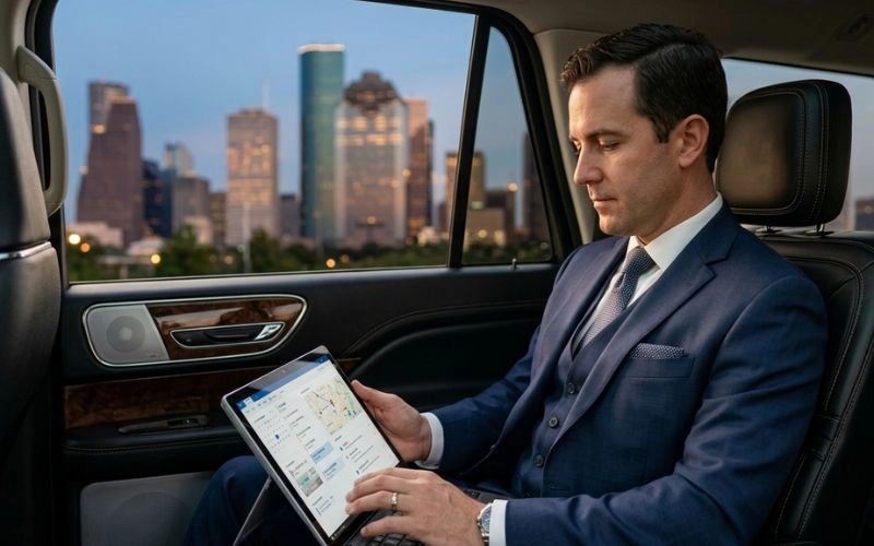 man in suit using tablet in luxury car