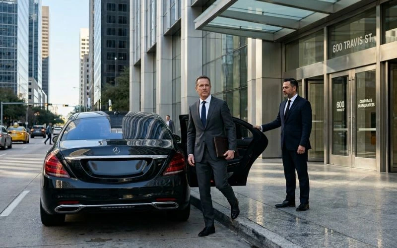 suit man walking car street city building door