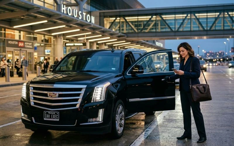 woman checking phone by black suv at airport
