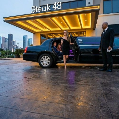 woman steps out of limousine with chauffeur nearby