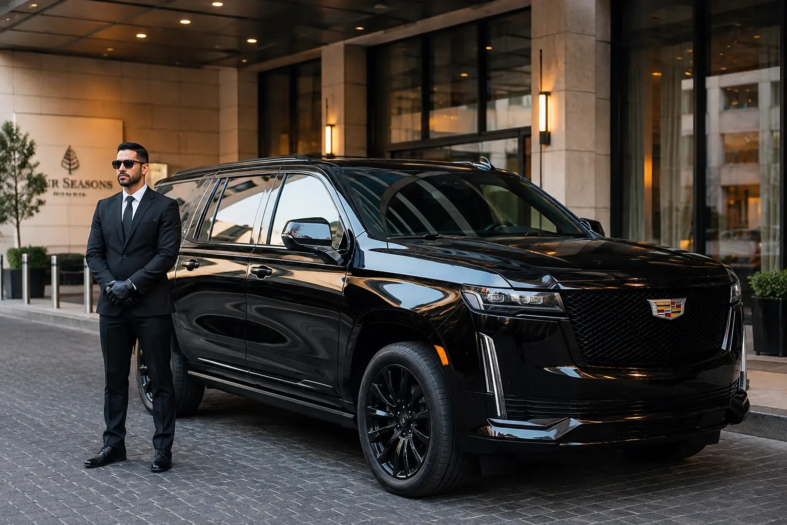Black luxury SUV with chauffeur at hotel entrance for birthday