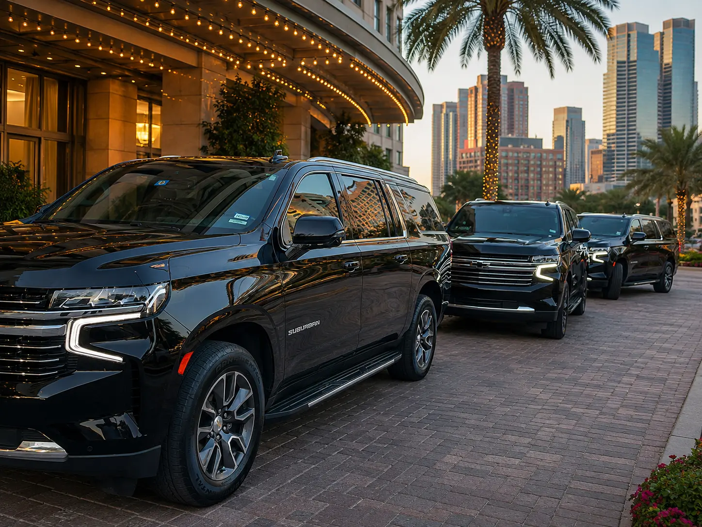 Black luxury SUVs lined up outside a Houston hotel