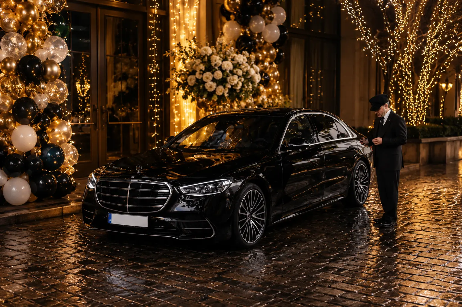 Black luxury sedan with chauffeur at a Houston birthday celebration.