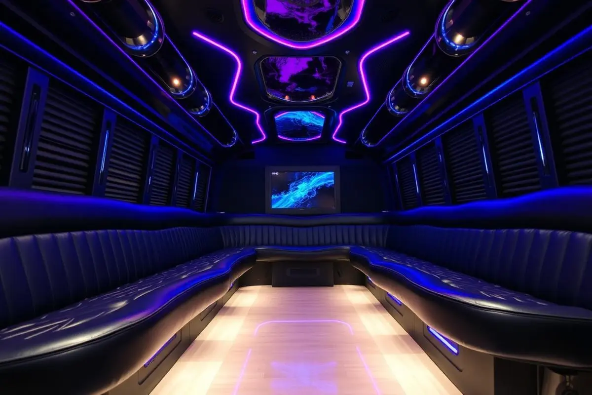 Luxury party bus interior with leather seating, ambient LED lighting, and flat-screen TV