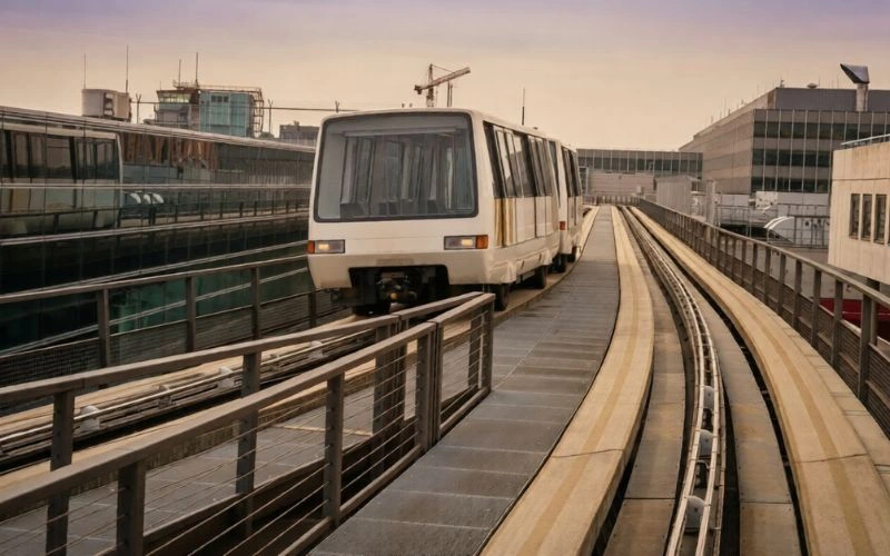 automated people mover train on elevated tracks at dusseldorf airport at twilight