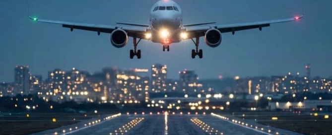 plane landing on illuminated runway at iah airport near city lights at dusk