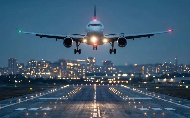 plane landing on illuminated runway at iah airport near city lights at dusk
