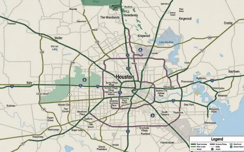road map of the greater houston texas metropolitan area showing major highways and communities