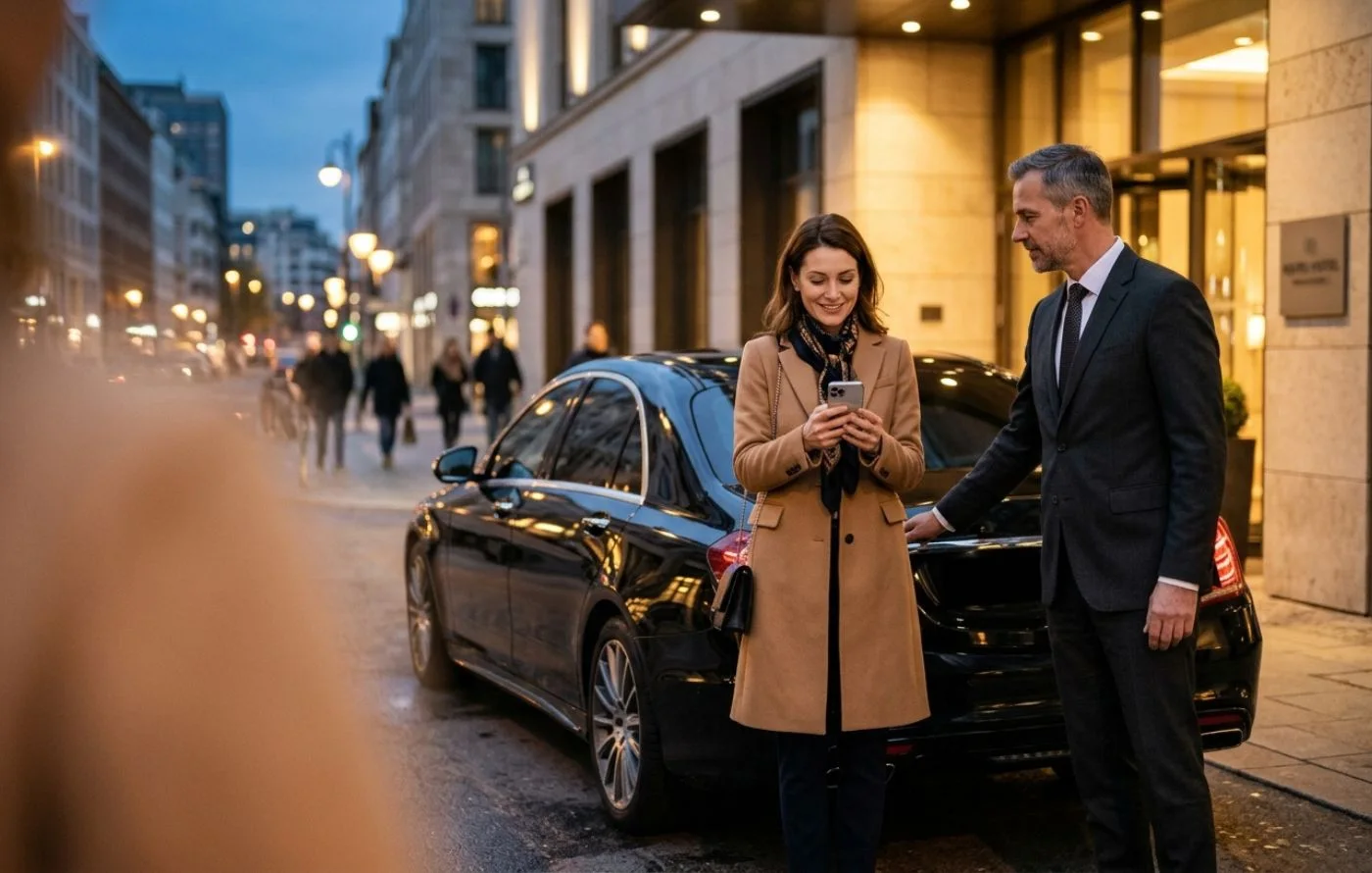 Businesswoman using a phone beside a luxury sedan with a chauffeur in downtown Houston