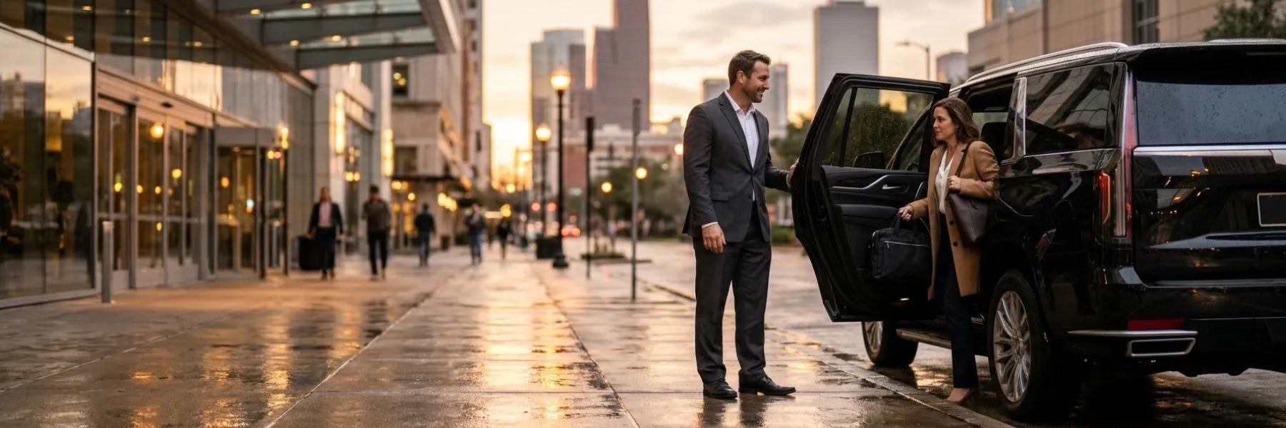 Chauffeur opening the rear door of a black SUV for a corporate passenger in downtown Houston
