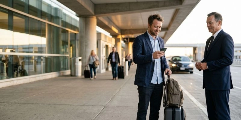 Executive passenger meeting a professional chauffeur outside a terminal at a Houston airport