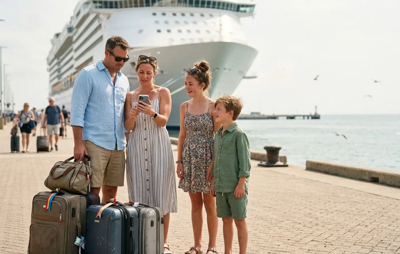 Family checking a phone beside their luggage near a cruise ship at the port