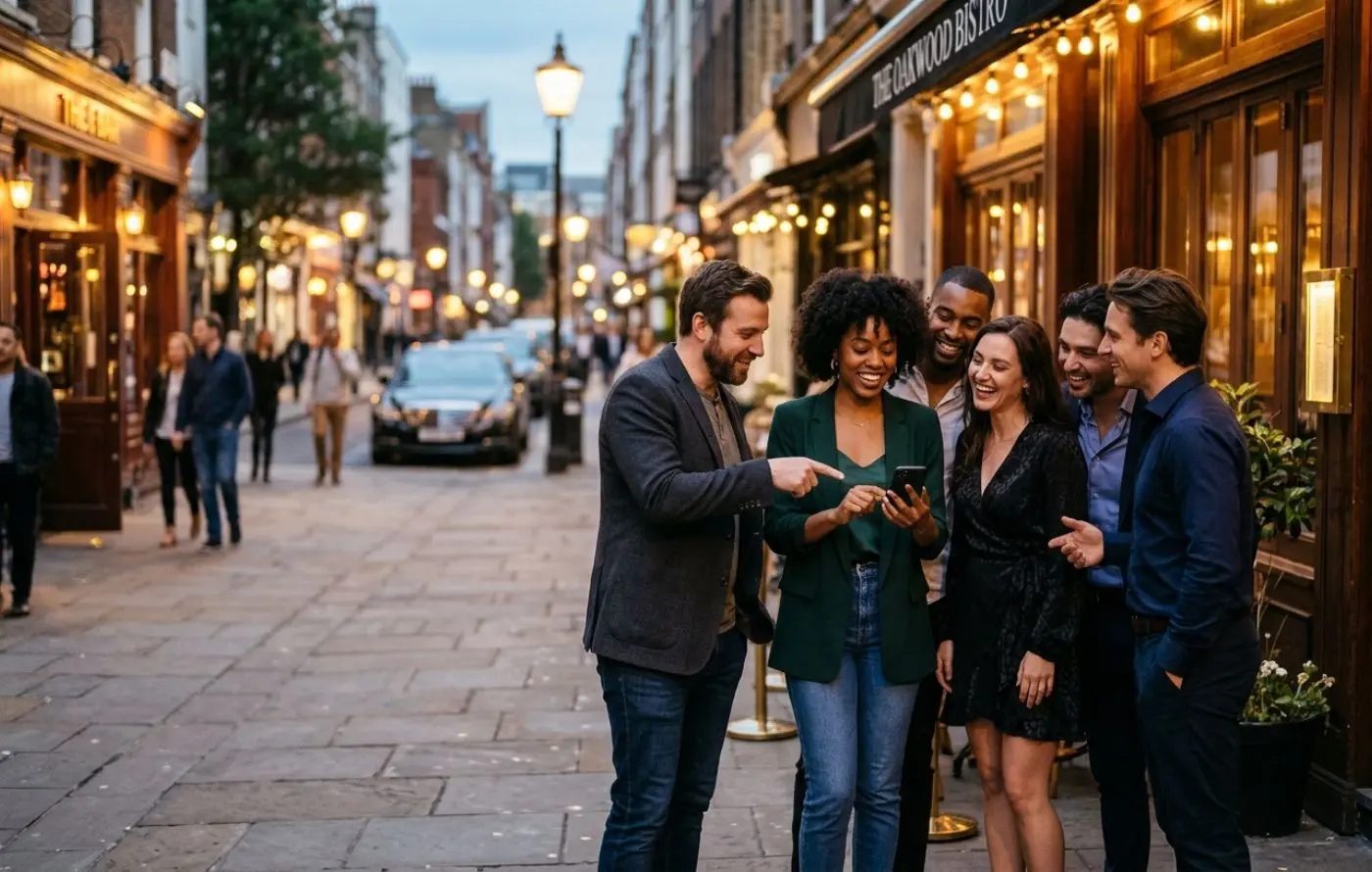 Group of friends looking at a phone on a Houston city street before their night out