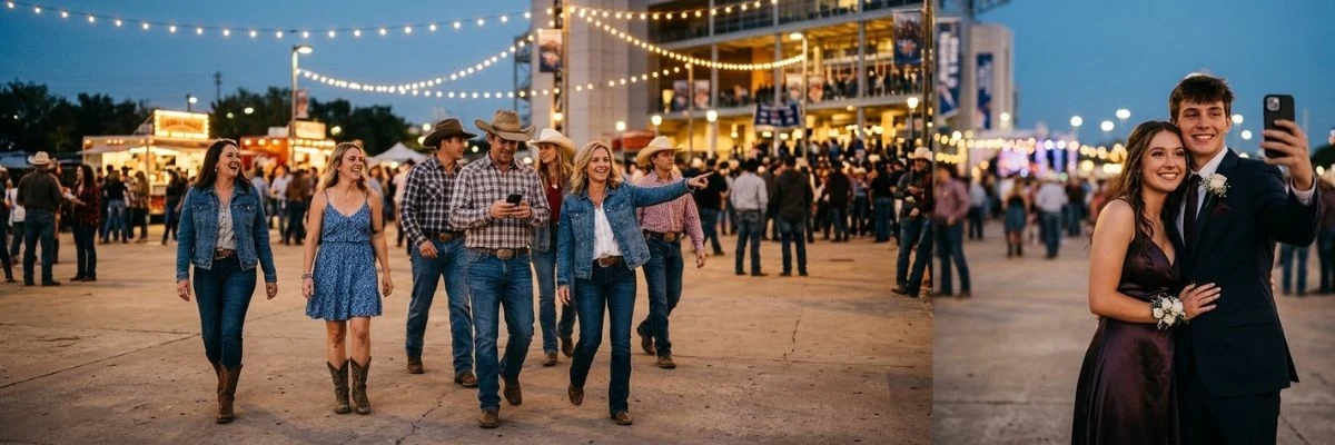 Group wearing cowboy hats gathered outside a rodeo event venue in Houston